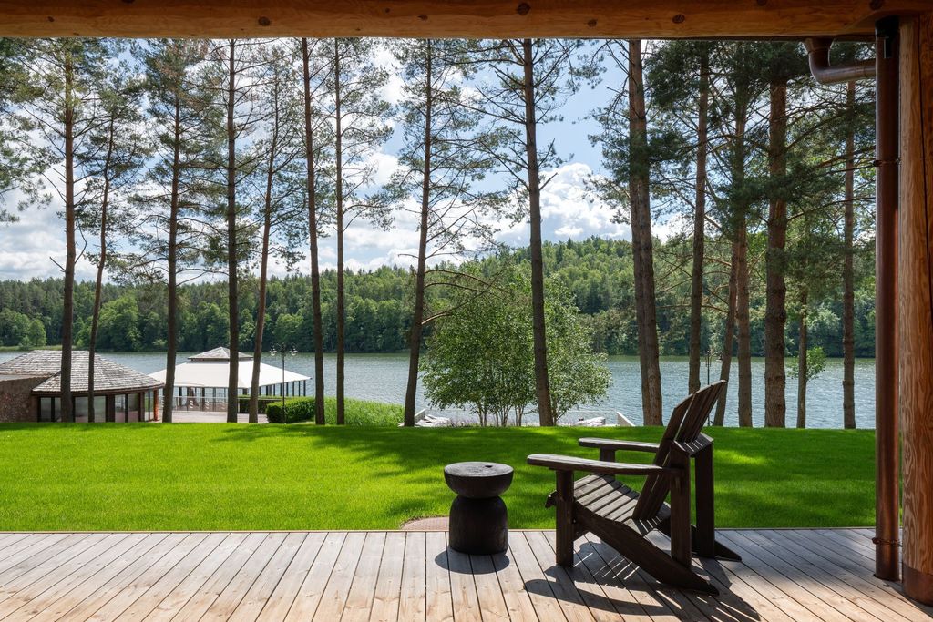 Signature lakefront room designed with warm wood details and panoramic outlook.