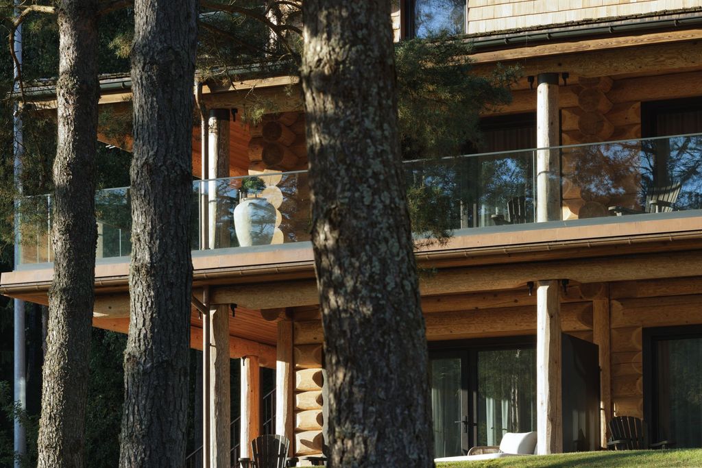 Wooden balcony of Esperanza Lake Resort surrounded by tall pine trees and soft afternoon light.